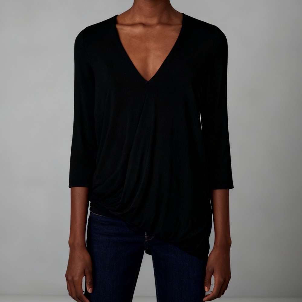 Krisa Surplice Draped Asymmetrical 3/4 Sleeve Top Black, size XS